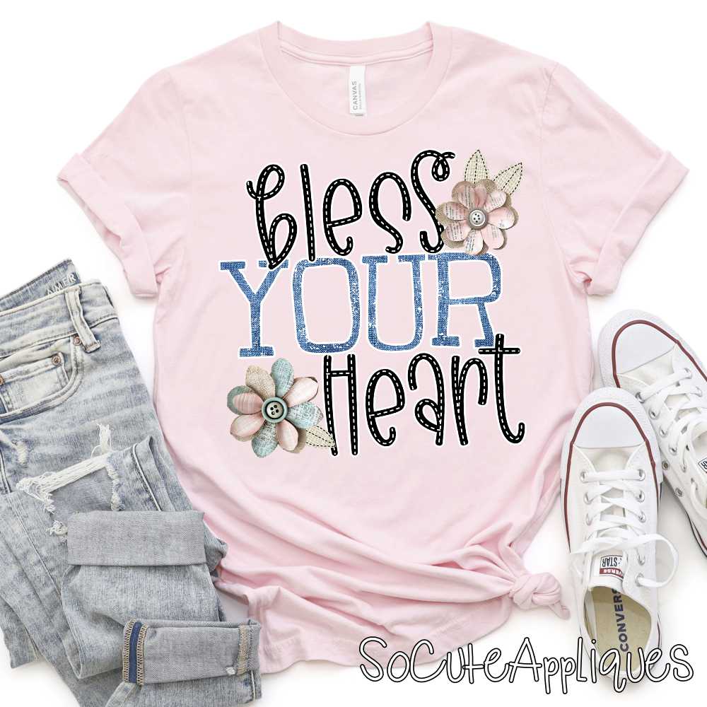 Bless your heart denim shabby flower *DTF* Transfer