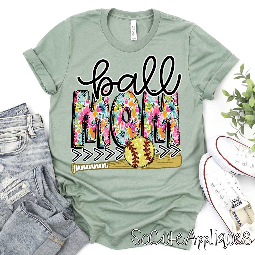 Ball Mom flower print softball bat *DTF Transfer*