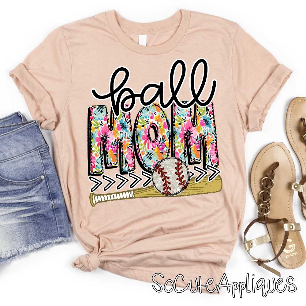 Ball Mom flower print baseball bat *DTF Transfer*