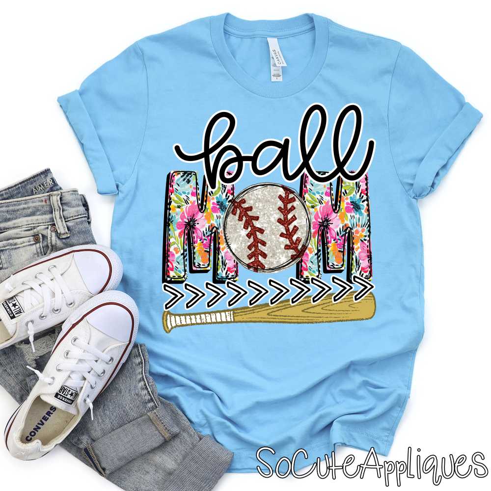 Ball Mom flower print baseball O bat *DTF Transfer*