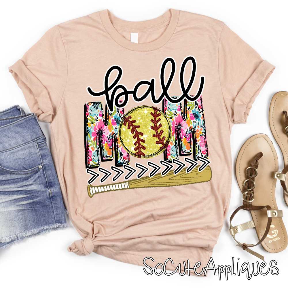 Ball Mom flower print softball O bat *DTF Transfer*
