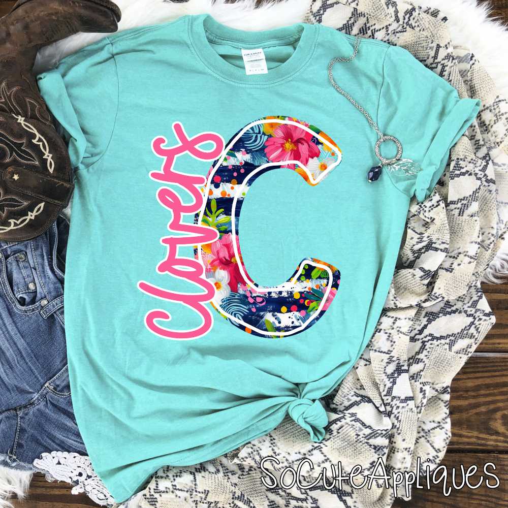 CLOVERS navy flower initial *DTF* Transfer Jenny Sutherlin