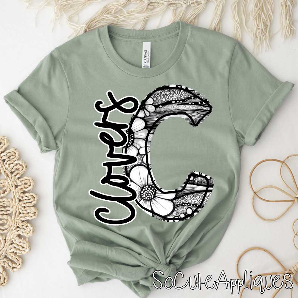 CLOVERS black floral initial *DTF* Transfer Jenny Sutherlin