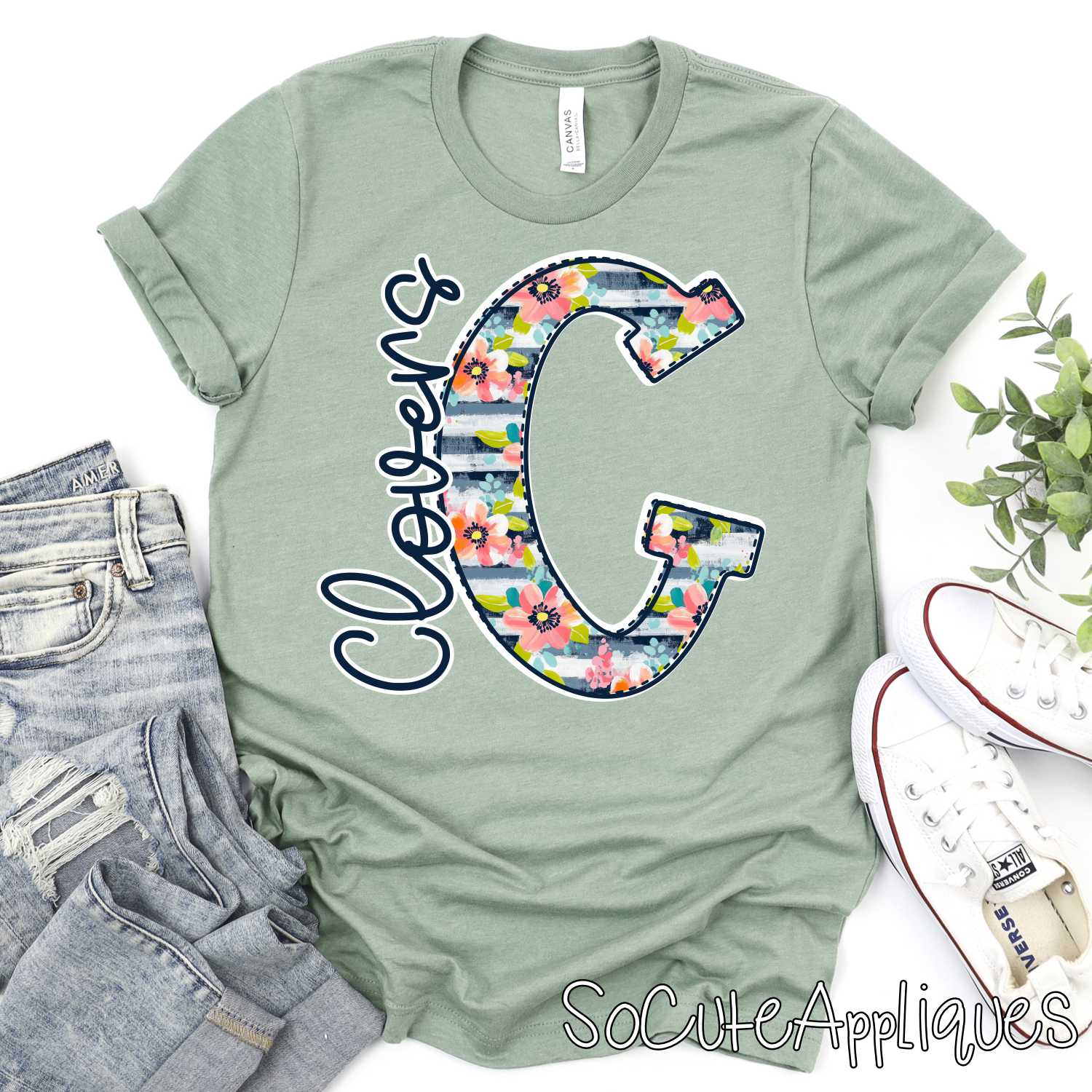 CLOVERS navy floral stripe initial *DTF* Transfer Jenny Sutherlin
