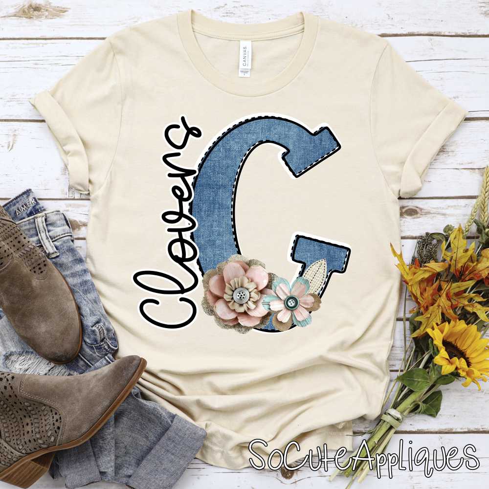 CLOVERS Initial Denim and burlap flowers *DTF* Transfer Jenny Sutherlin