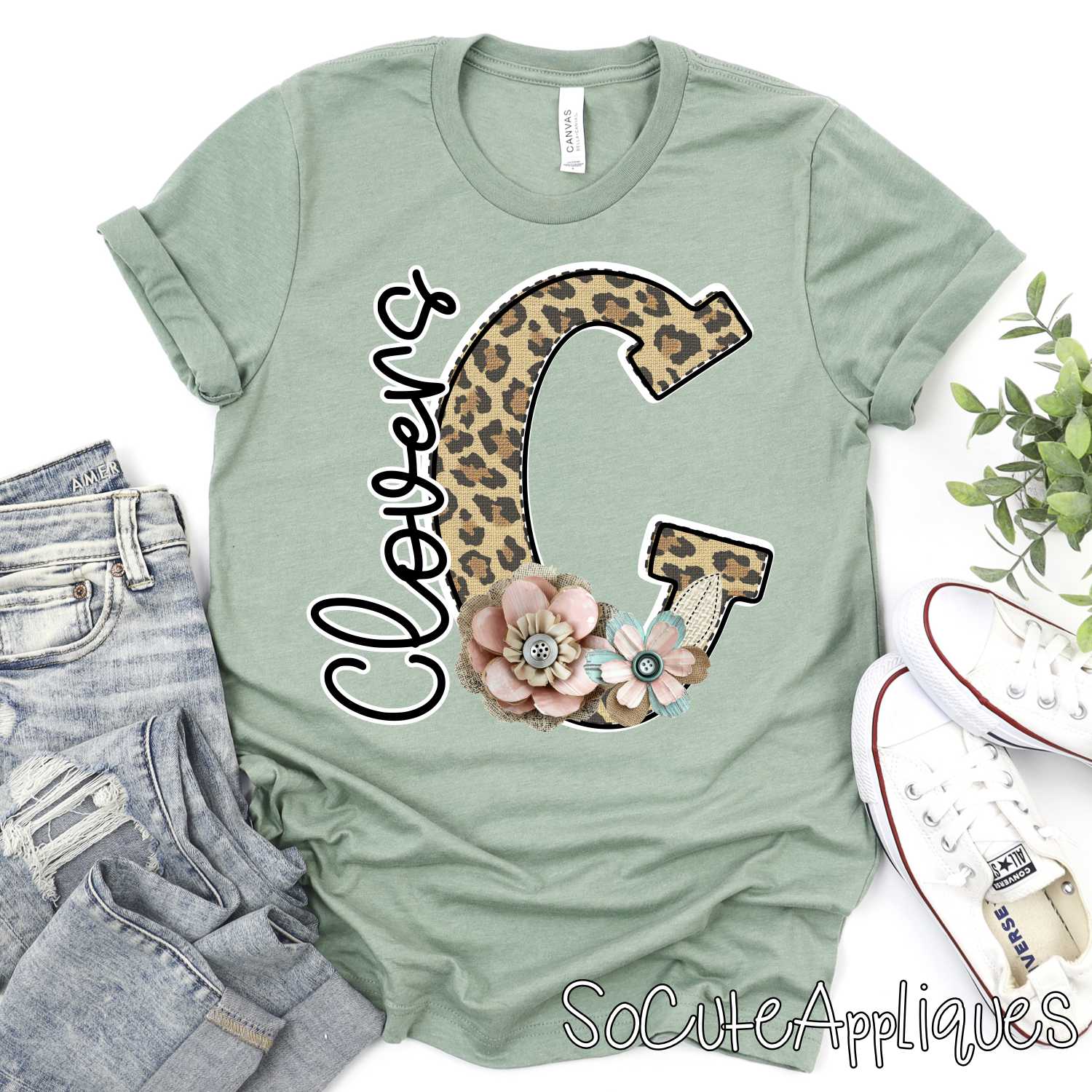 Leopard CLOVERS shabby chic floral initial *DTF* Transfer Jenny Sutherlin