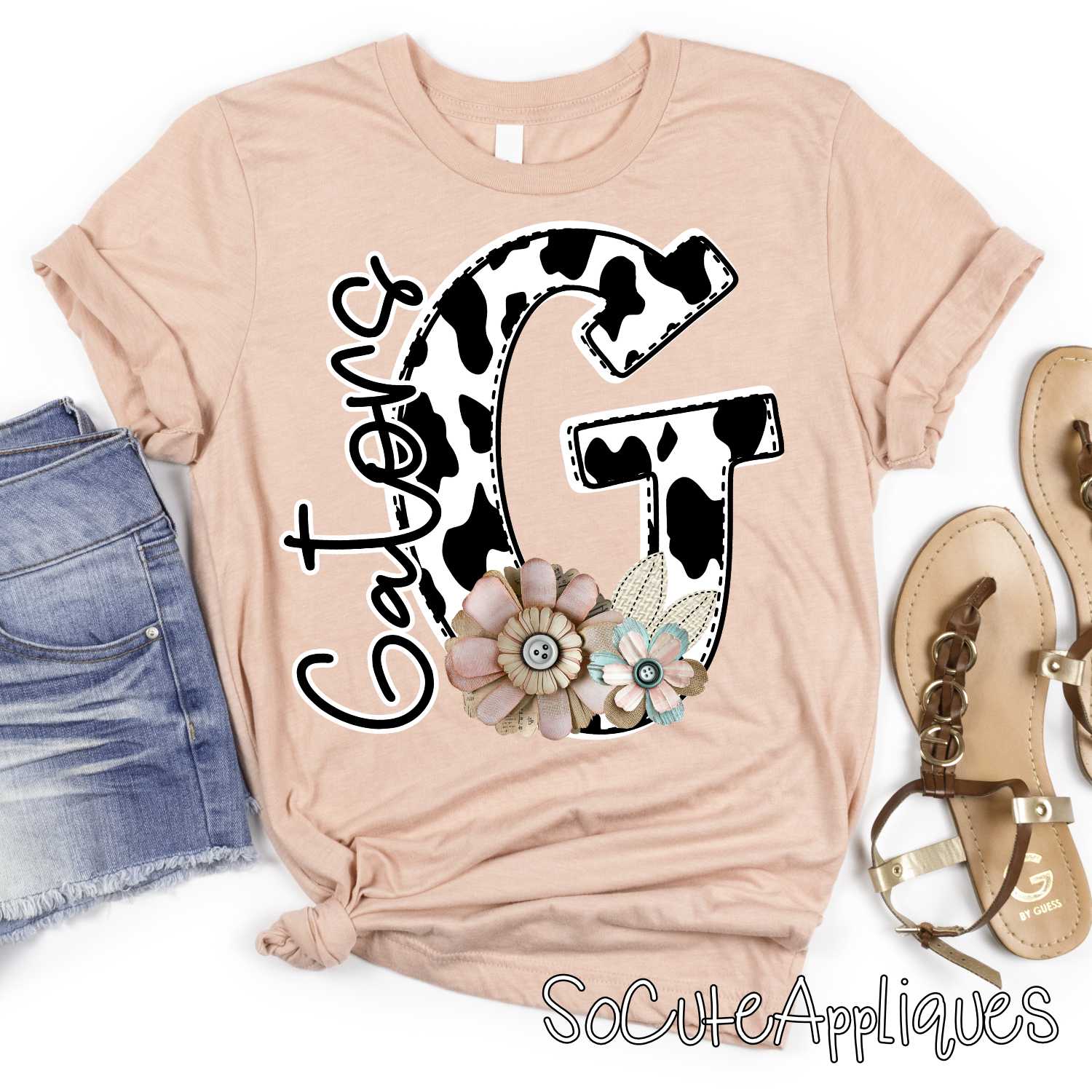 Cow Print initial with shabby flowers mascots *DTF* Transfer - Image 6