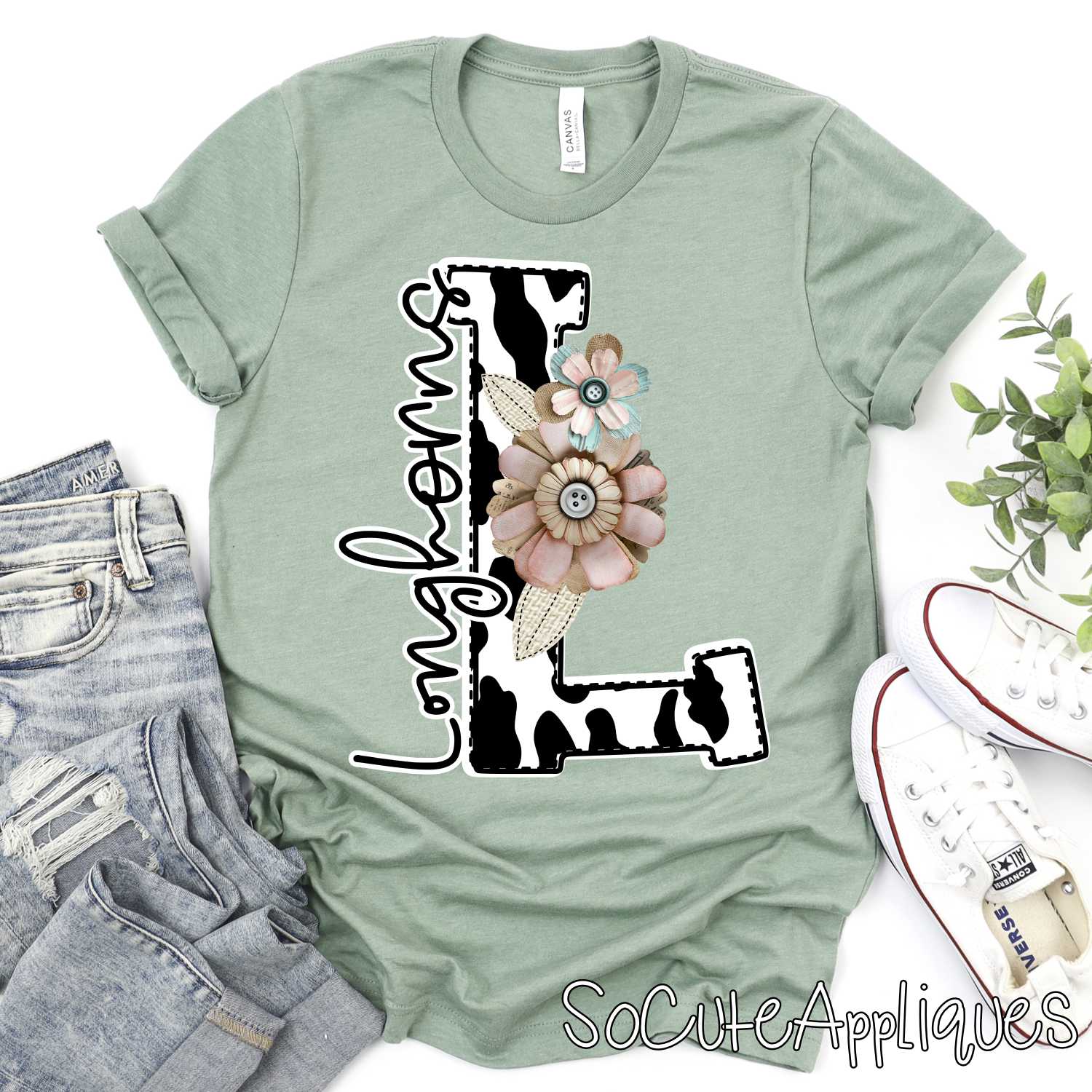 Cow Print initial with shabby flowers mascots *DTF* Transfer - Image 3