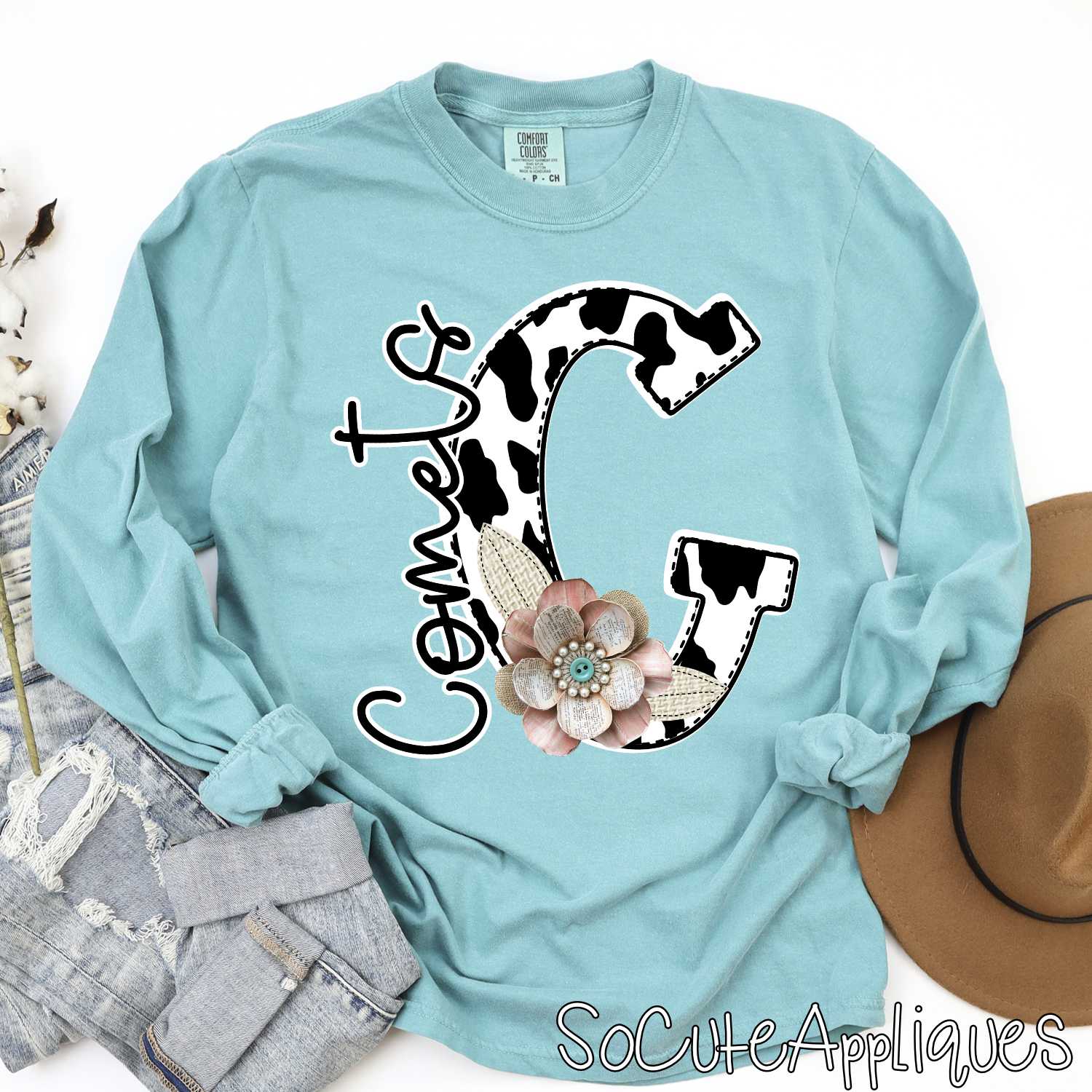 Cow Print initial with shabby flowers mascots *DTF* Transfer - Image 2