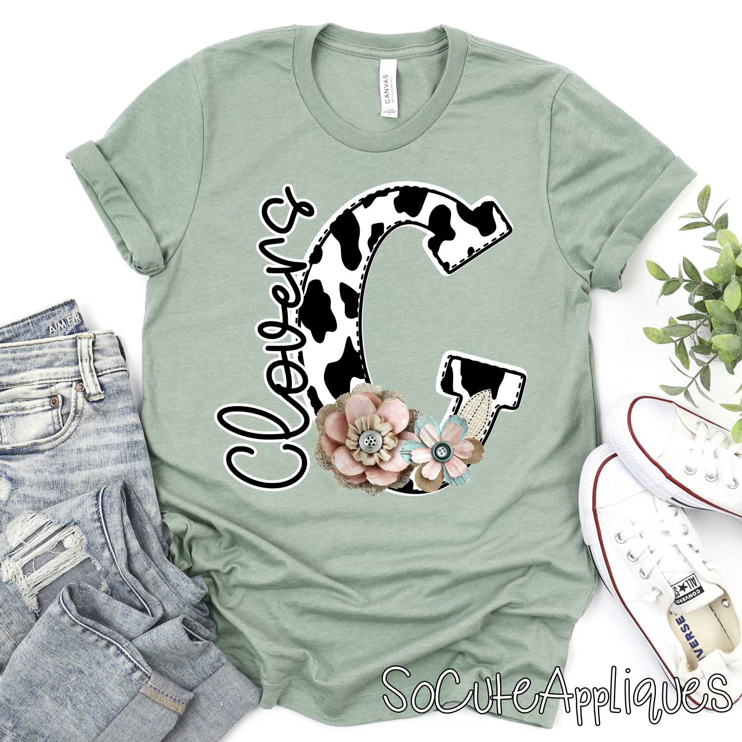 CLOVERS cow print initial shabby flowers *DTF* Transfer Jenny Sutherlin