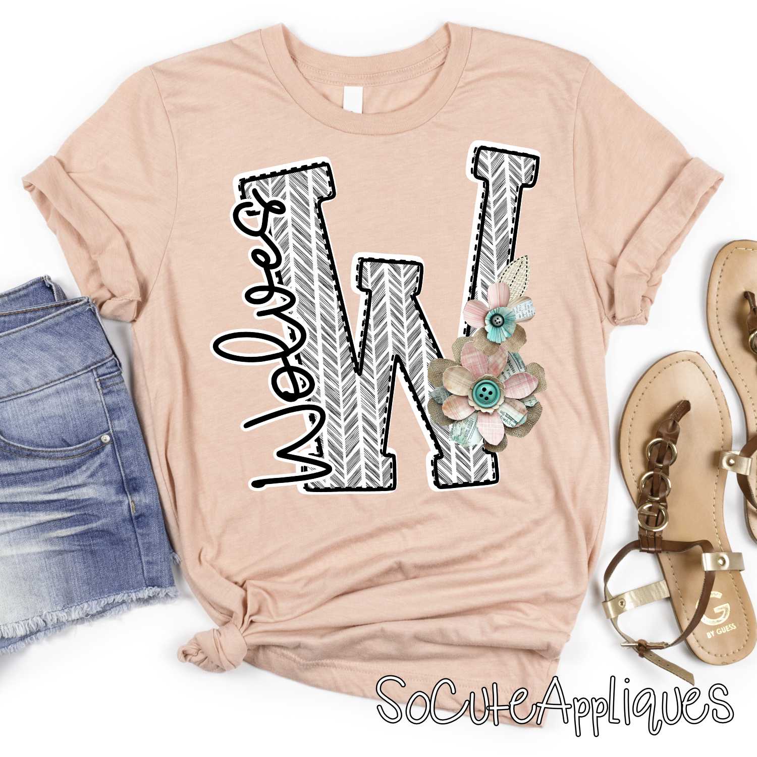 Herringbone initial with shabby flowers mascots *DTF* Transfer - Image 7