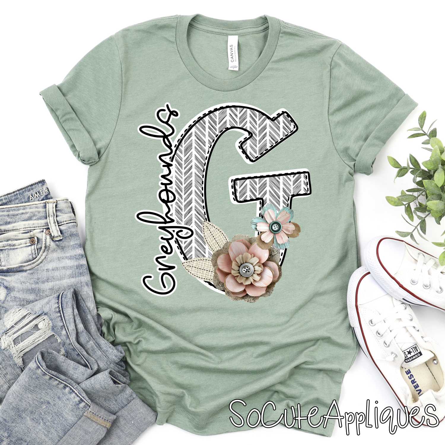 Herringbone initial with shabby flowers mascots *DTF* Transfer - Image 2