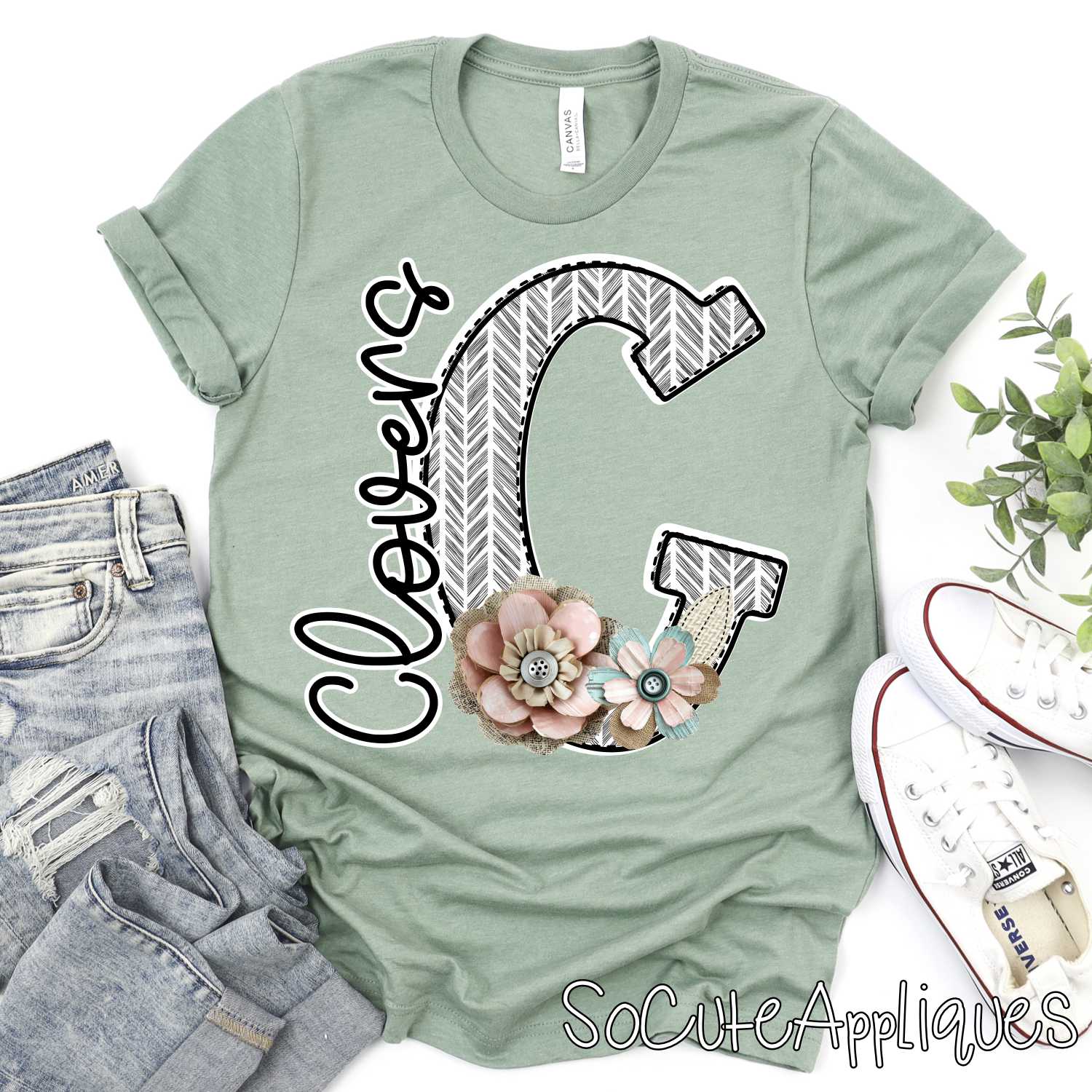 CLOVERS herringbone initial shabby flowers *DTF* Transfer Jenny Sutherlin