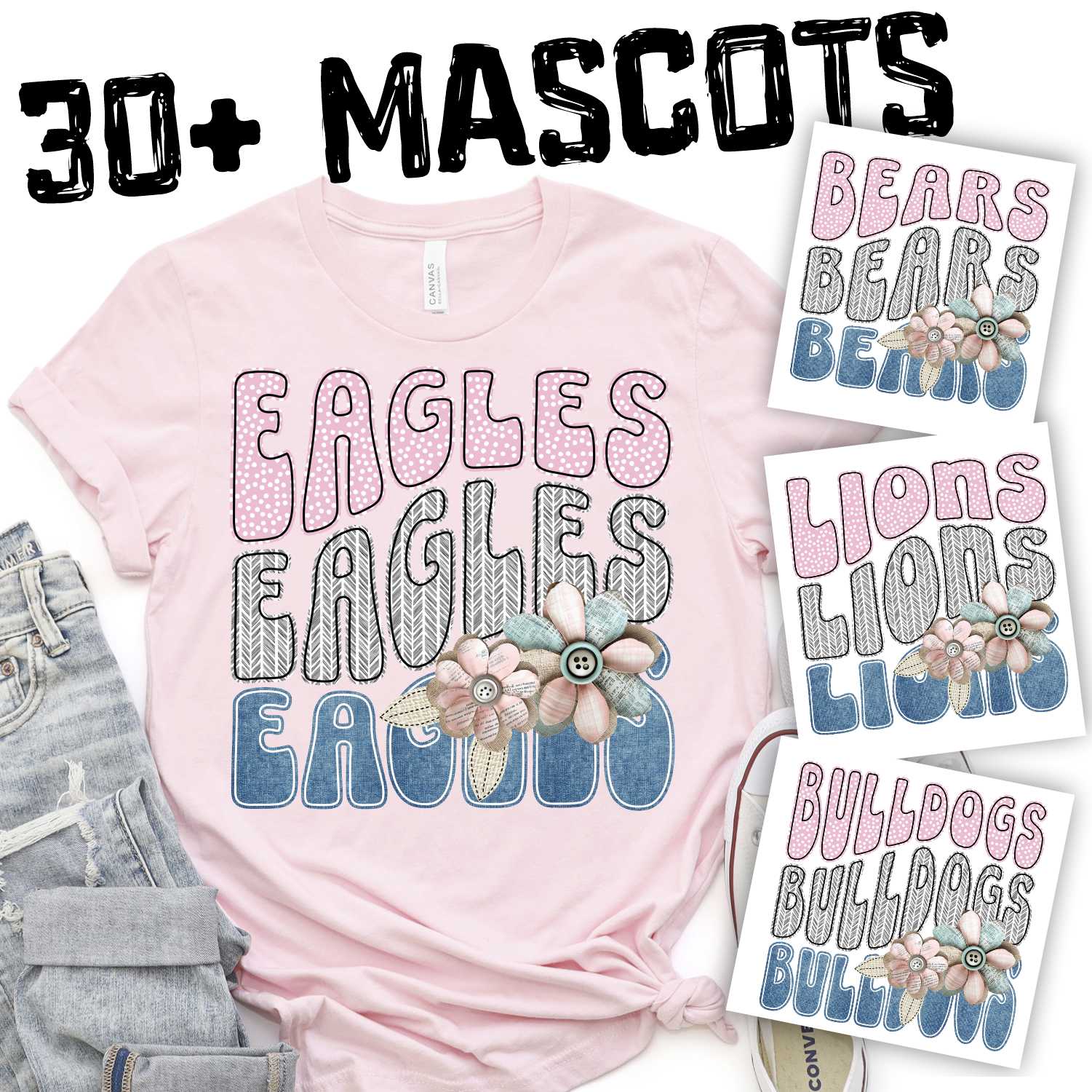 Wave mascot with shabby chic denim flowers *DTF* Transfer