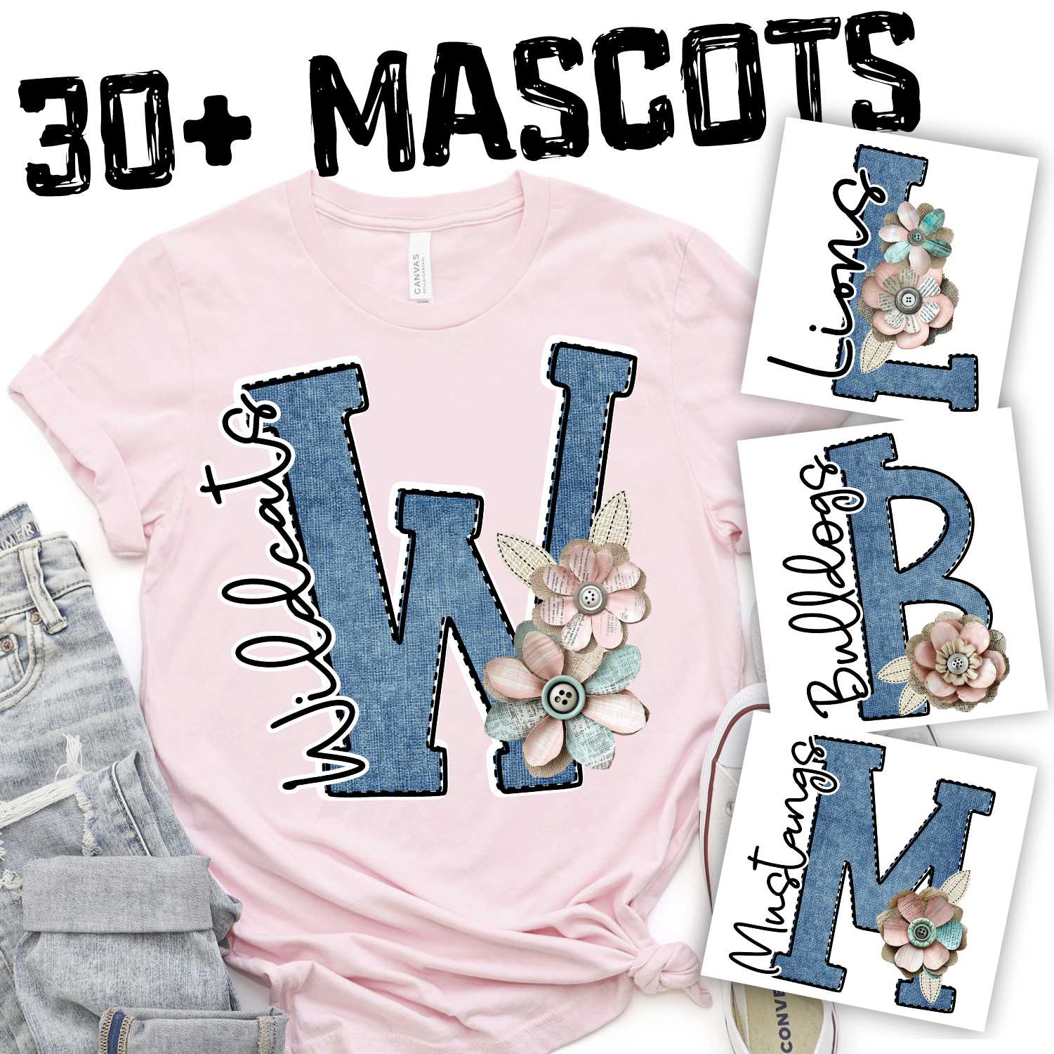 DENIM initial with shabby chic flowers *DTF* Transfer