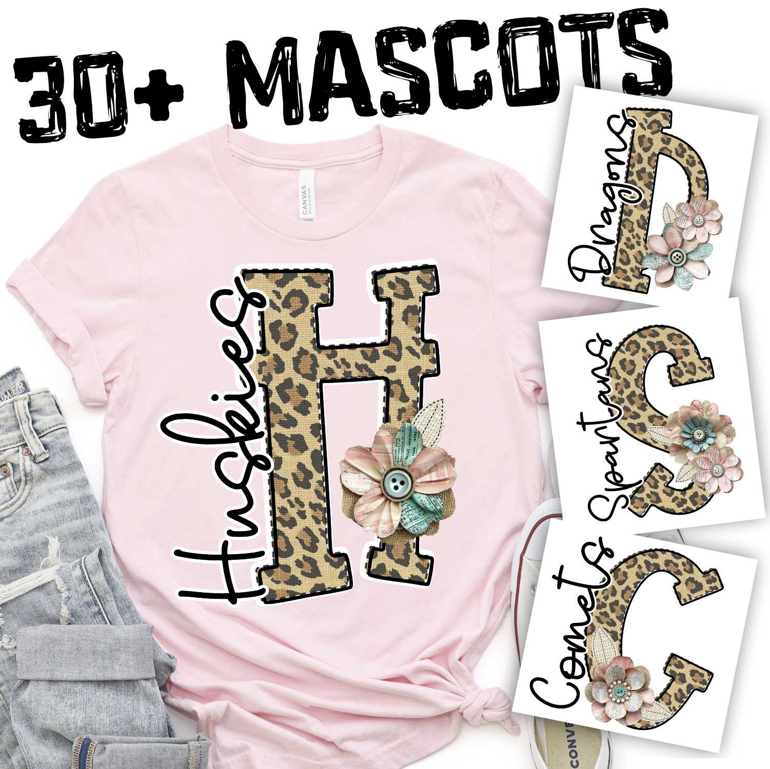 Leopard print initial with shabby flowers mascots *DTF* Transfer