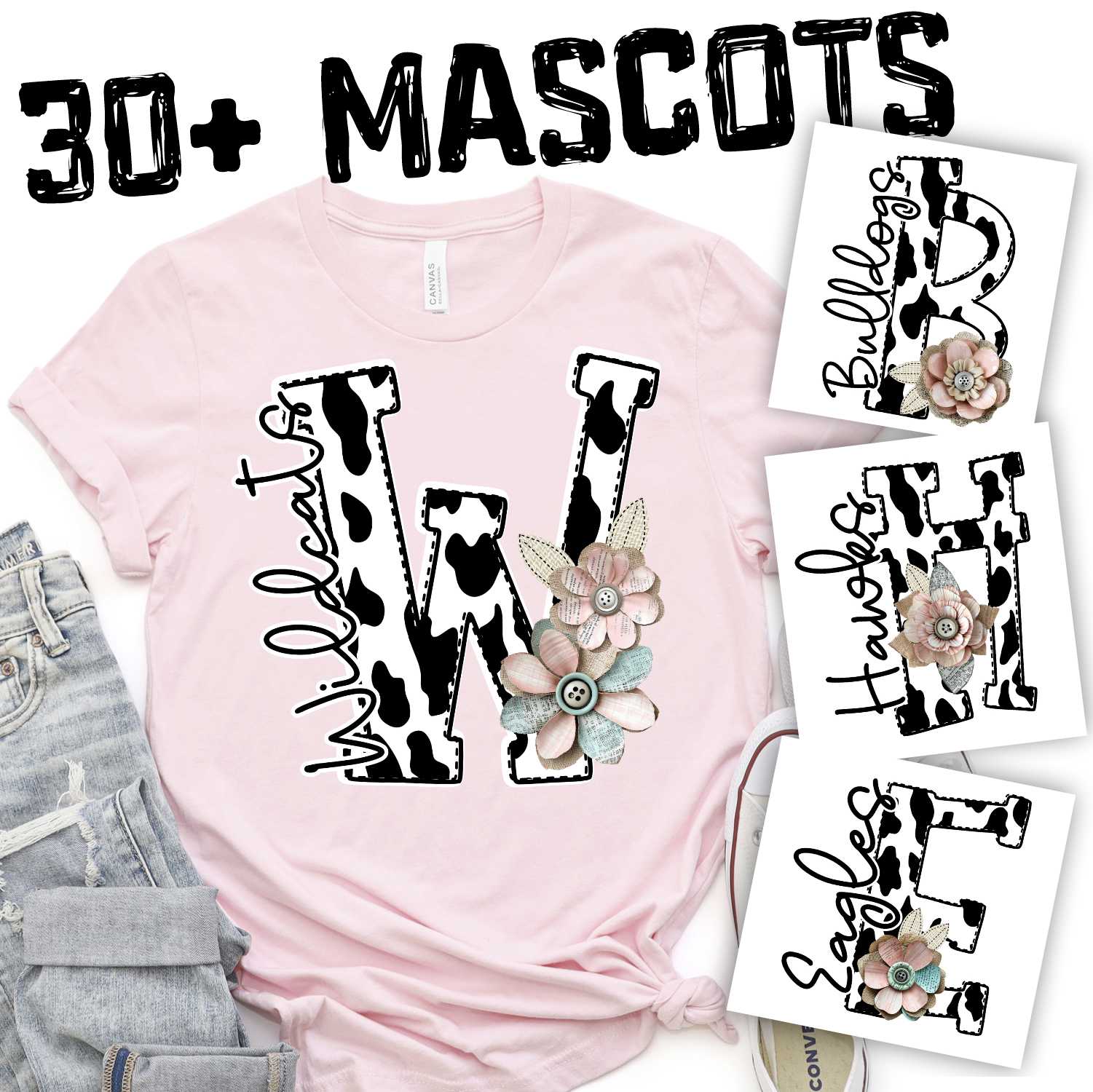 Cow Print initial with shabby flowers mascots *DTF* Transfer