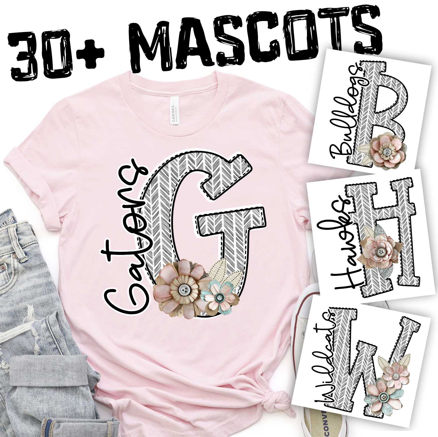 Herringbone initial with shabby flowers mascots *DTF* Transfer