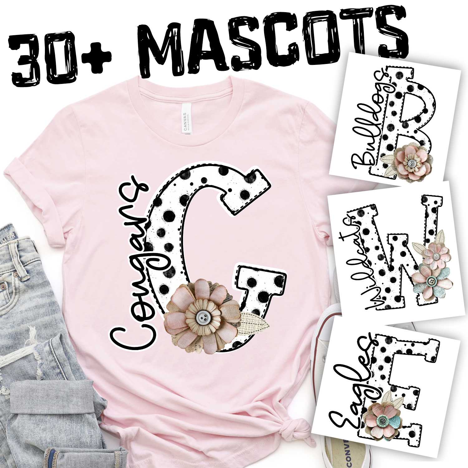Polka dot initial with shabby flowers mascots *DTF* Transfer