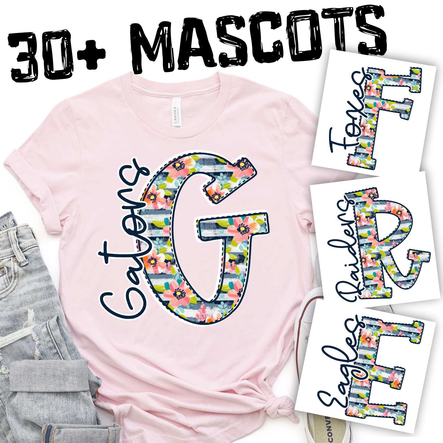 Navy stiripe and flower initial mascots *DTF* Transfer