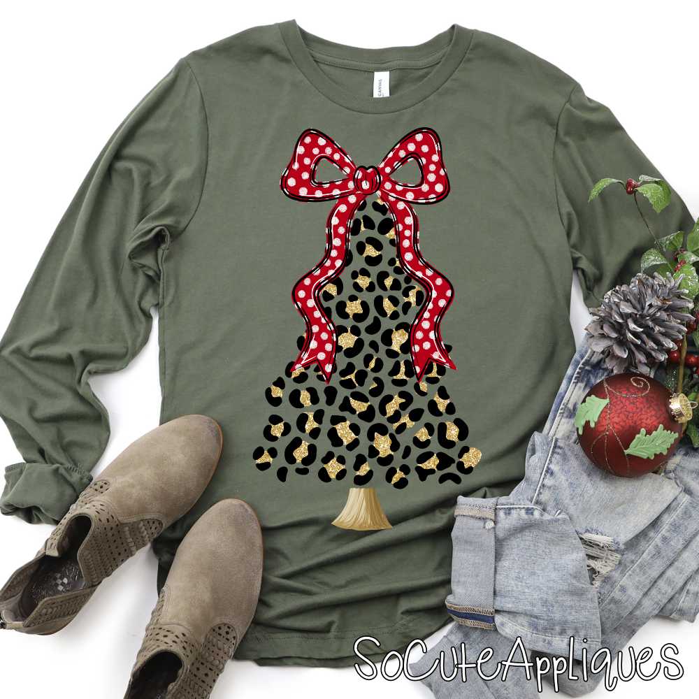 Leopard tree with red polka dot bow faux glitter 2025 *DTF* Transfer