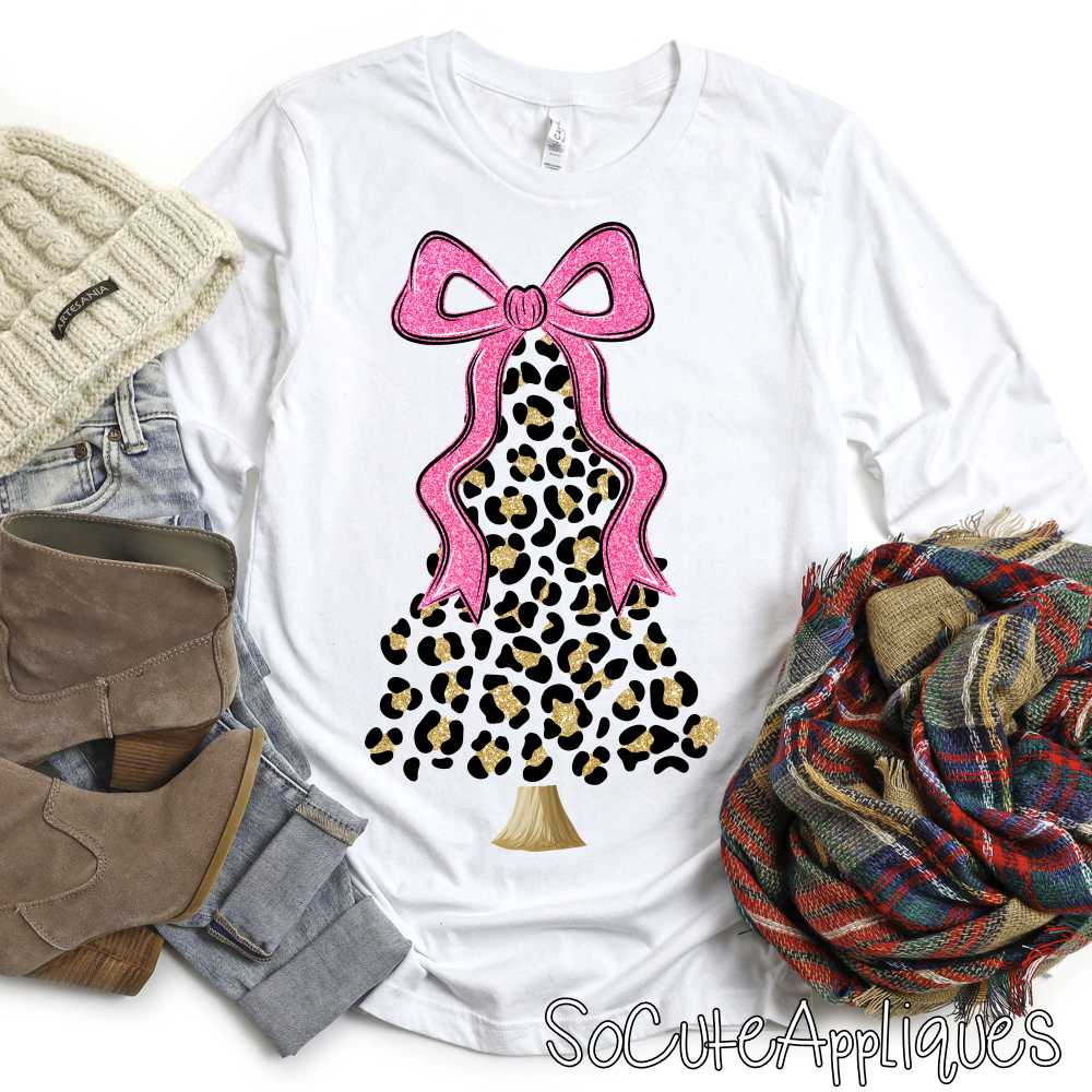 Leopard tree with pink bow faux glitter 2025 *DTF* Transfer