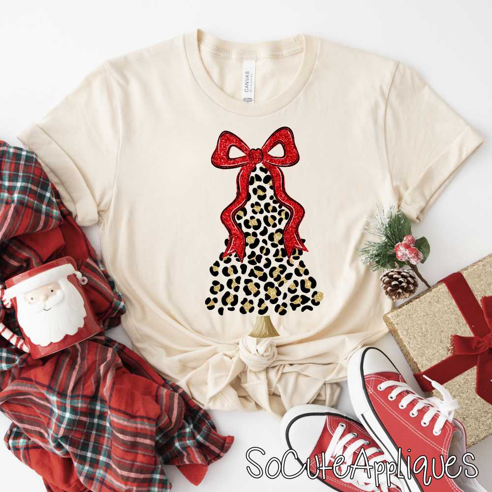 Leopard tree with red bow faux glitter 2025 *DTF* Transfer