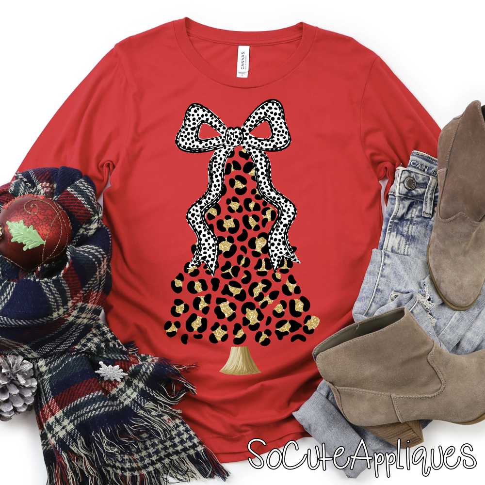 Leopard tree with dalmatian dot bow faux glitter 2025 *DTF* Transfer