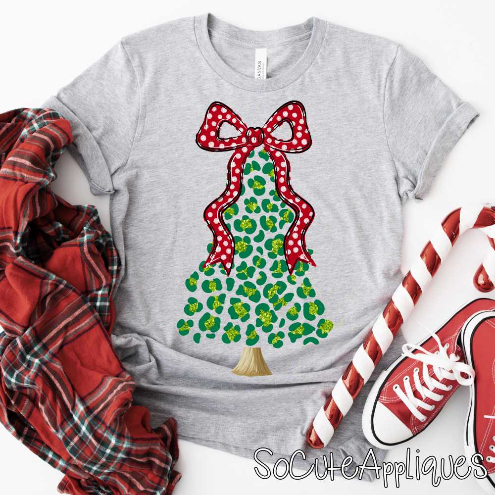Green leopard tree with red polka dot bow faux glitter 2025 *DTF* Transfer