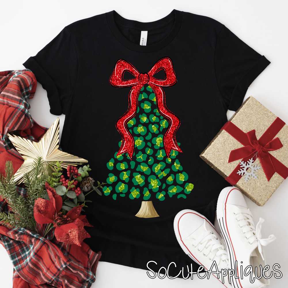 Green leopard tree with red bow faux glitter 2025 *DTF* Transfer