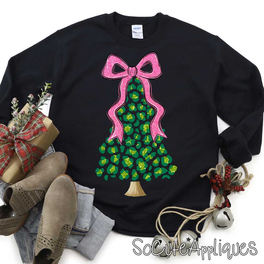 Green leopard tree with pink bow faux glitter 2025 *DTF* Transfer