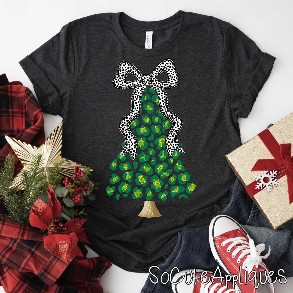 Green leopard tree with dalmatian dot bow faux glitter 2025 *DTF* Transfer