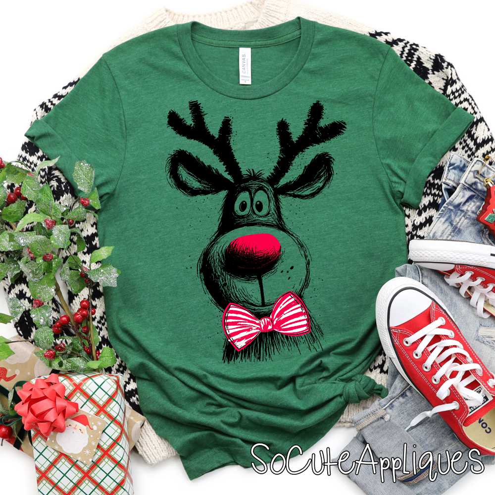 Reindeer silhouette red nose bowtie *DTF* Transfer