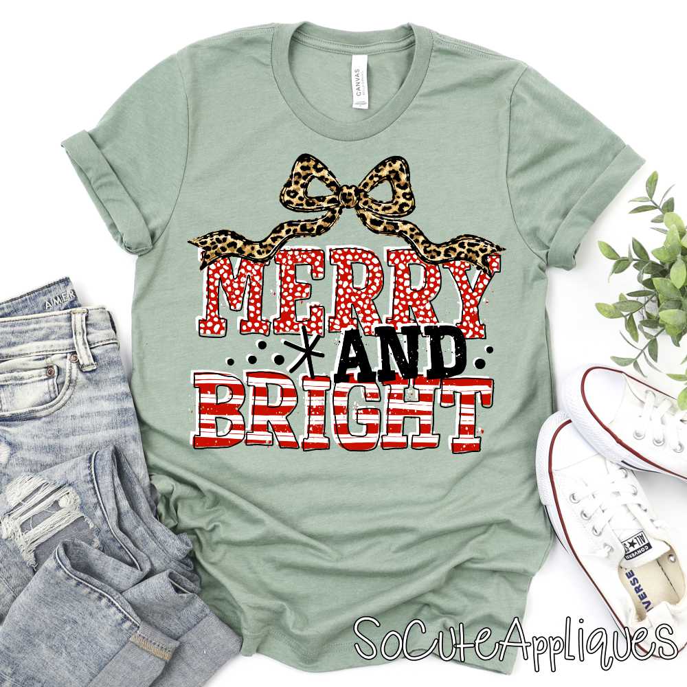 Merry & bright dots and stripes with leopard bow *DTF* Transfer
