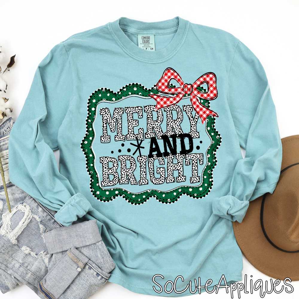 Merry and Bright in green dot frame red gingham bow *DTF* Transfer*