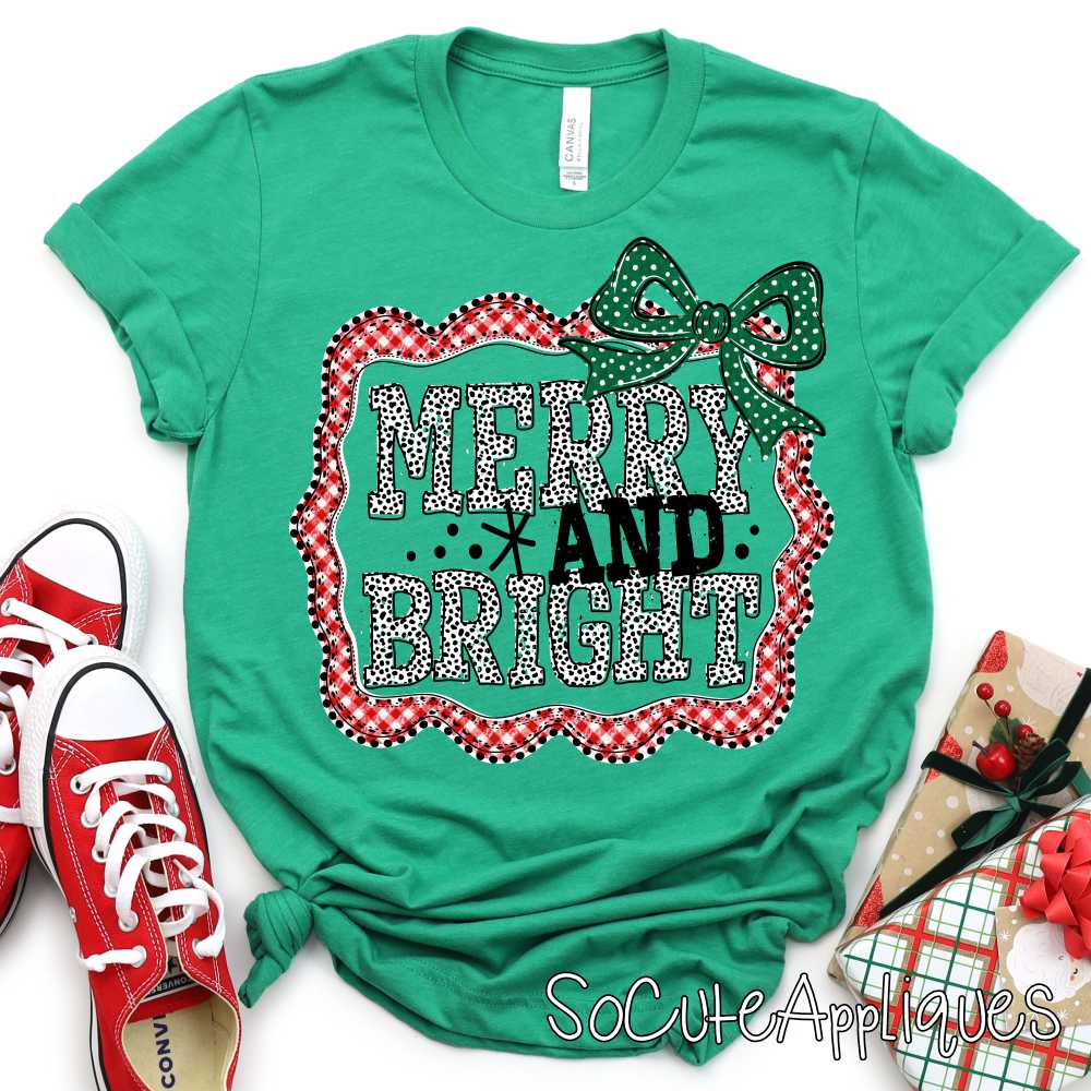 Merry and Bright in red gingham frame green dot bow *DTF* Transfer*