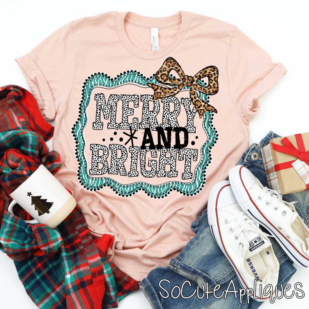 Merry and Bright in teal stripe frame leopard bow *DTF* Transfer*