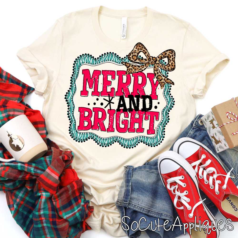 Merry and Bright in teal stripe frame leopard bow red *DTF* Transfer*
