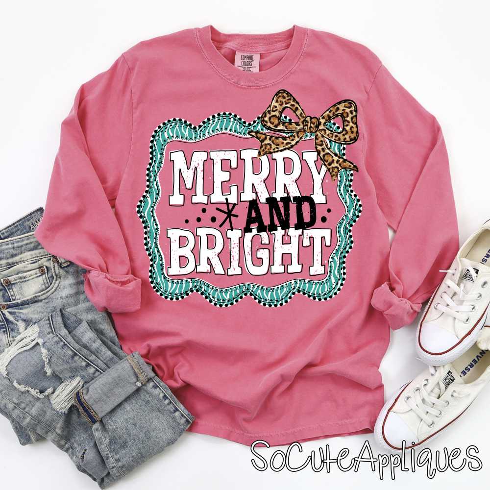 Merry and Bright in teal stripe frame leopard bow white *DTF* Transfer*