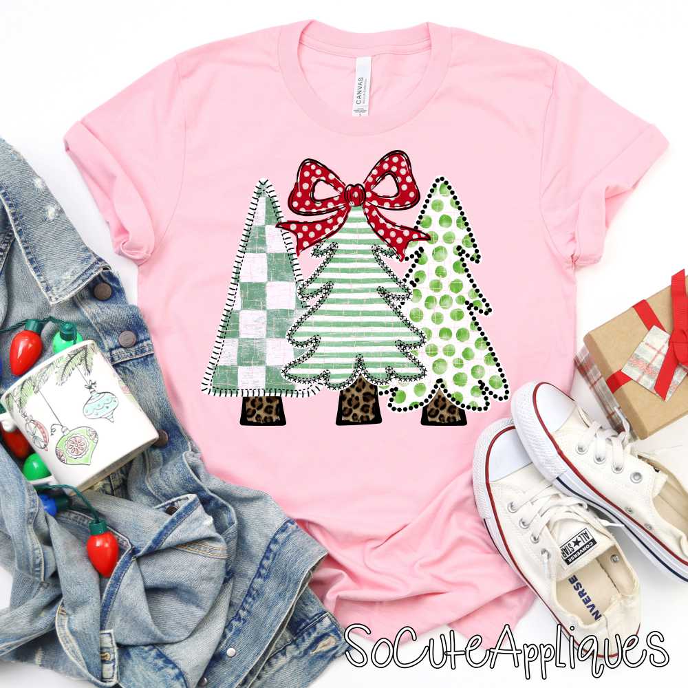 Tree trio check stripe dot red dot bow *DTF* Transfer*