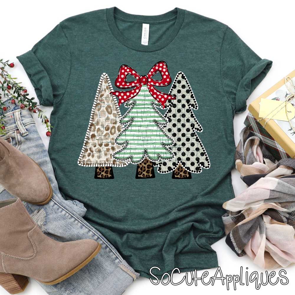Tree trio check stripe dot red dot bow *DTF* Transfer*