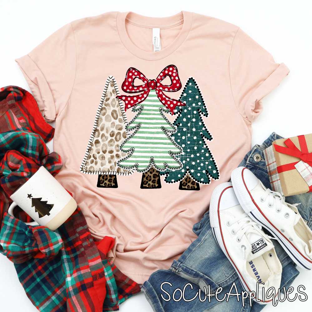 Tree trio check stripe dot red dot bow *DTF* Transfer*