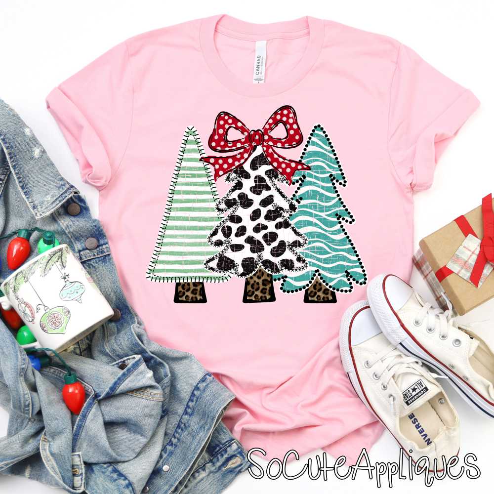 Tree trio stripe cow teal stripe red dot bow *DTF* Transfer*