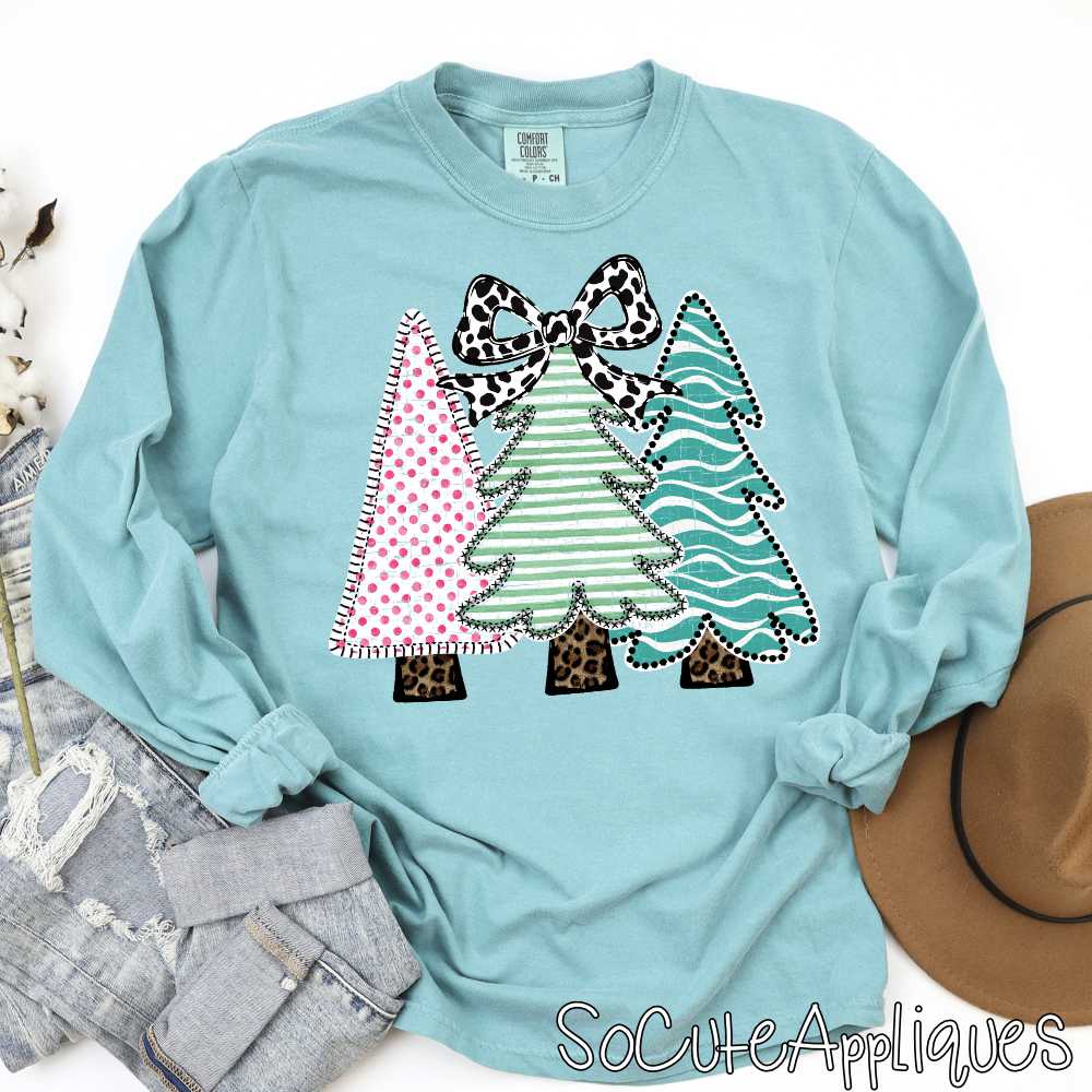 Tree trio pink dot greens stripe teal stripe cow bow *DTF* Transfer*