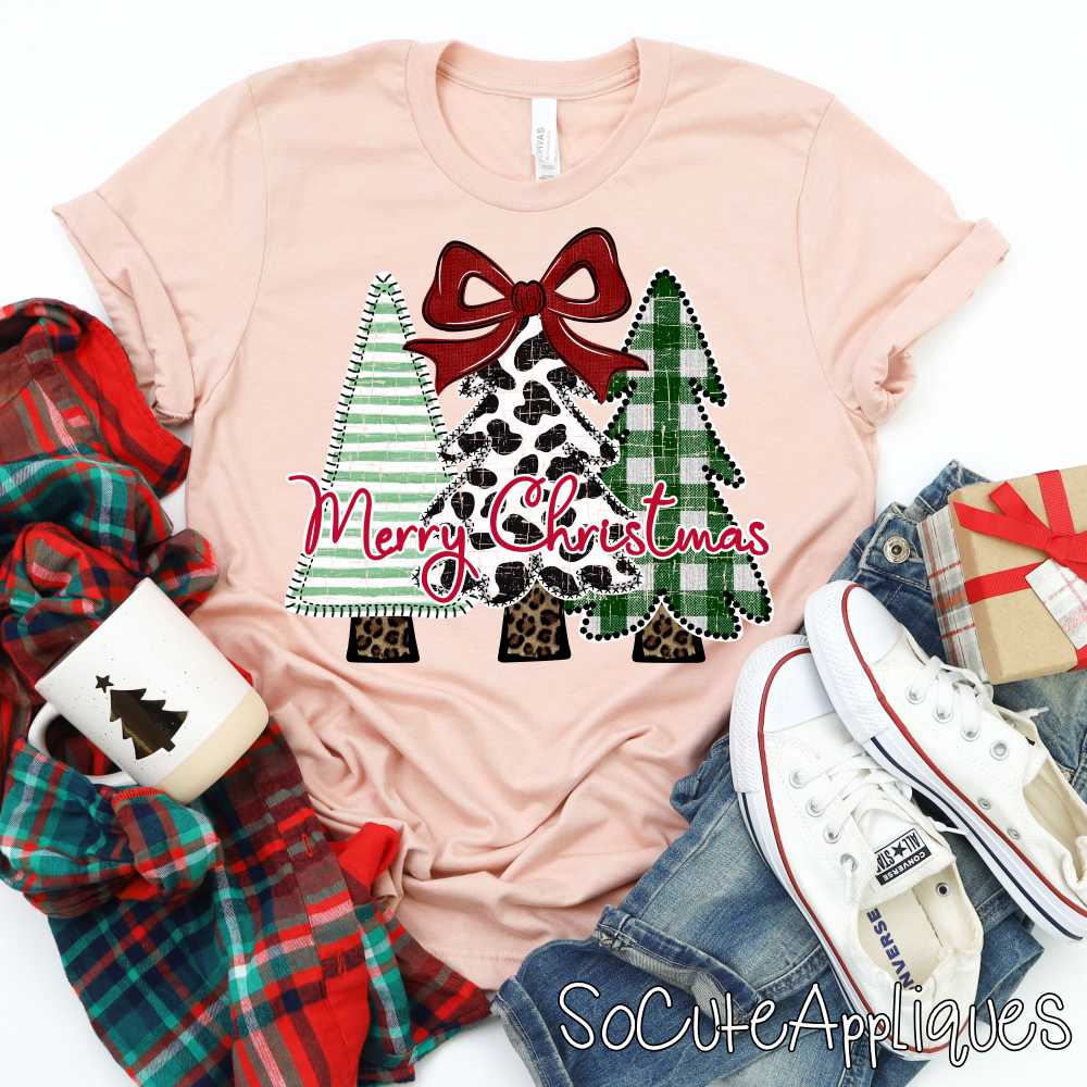 Merry Christmas Tree trio cow print red *DTF* Transfer*