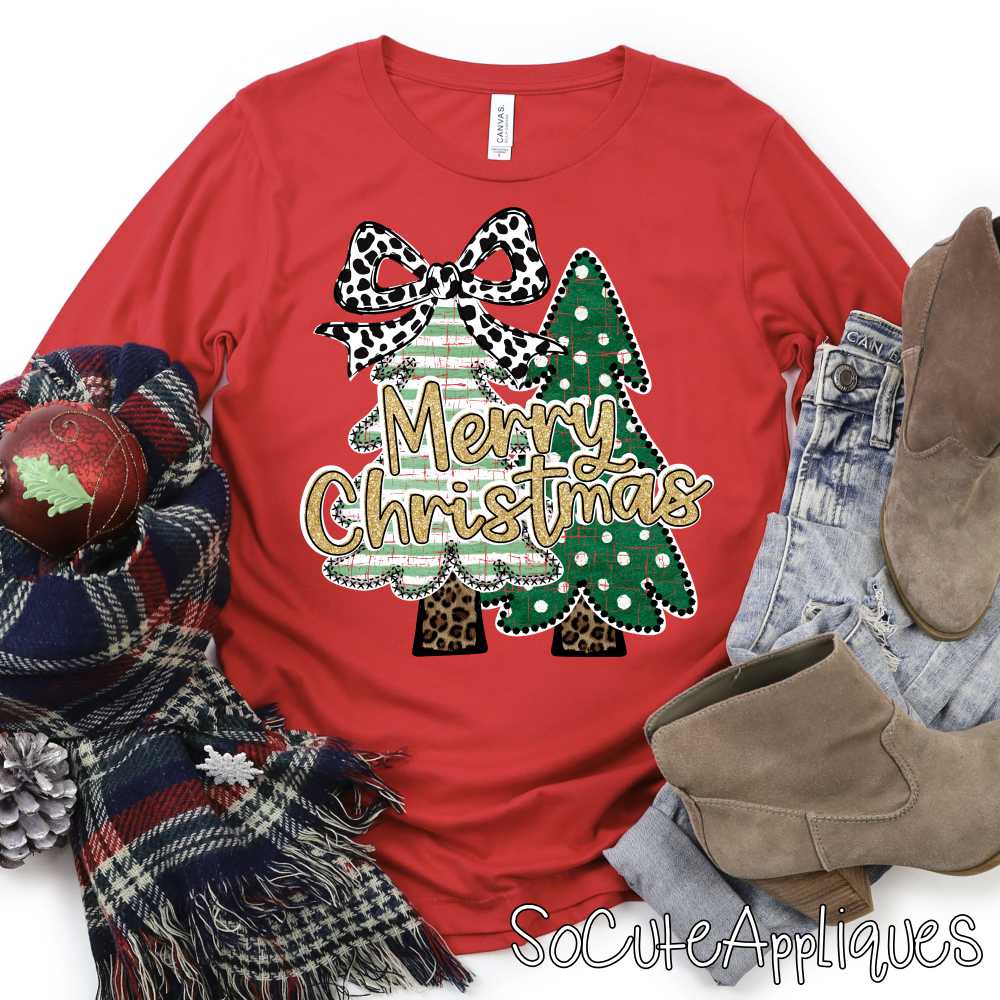 Merry Christmas Tree due stripes dot cow bow *DTF* Transfer*