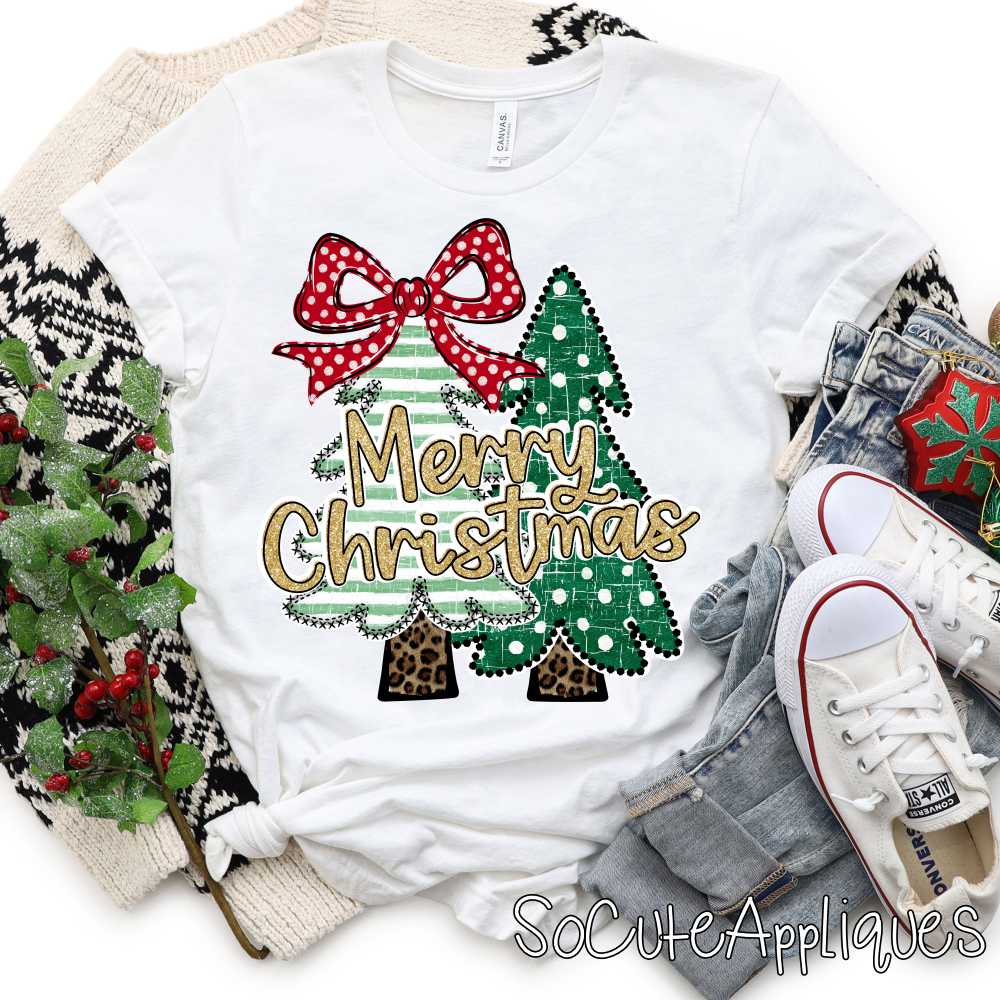 Merry Christmas Tree due stripes dot red bow *DTF* Transfer*