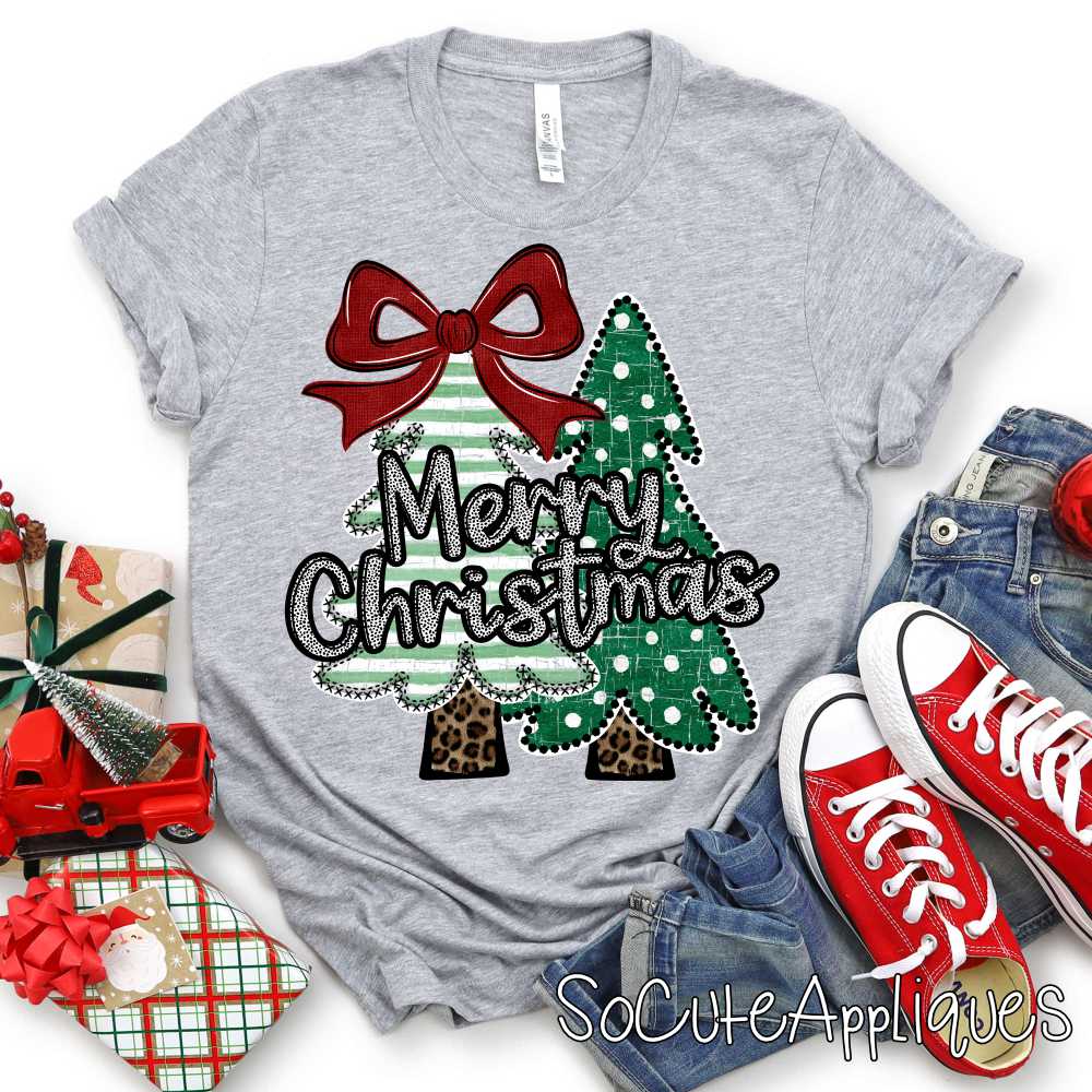 Merry Christmas Tree due stripes dot red bow *DTF* Transfer*