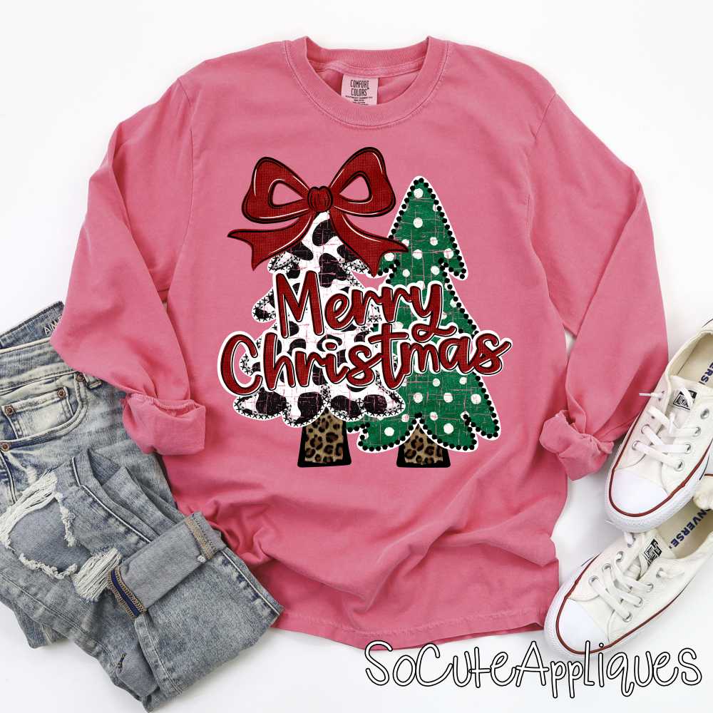 Merry Christmas Tree due cow stripes red bow *DTF* Transfer*
