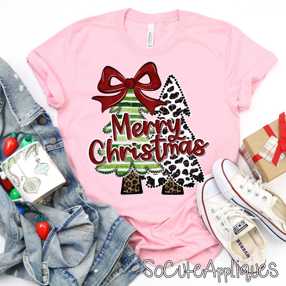 Merry Christmas Tree due cow stripes red bow *DTF* Transfer*